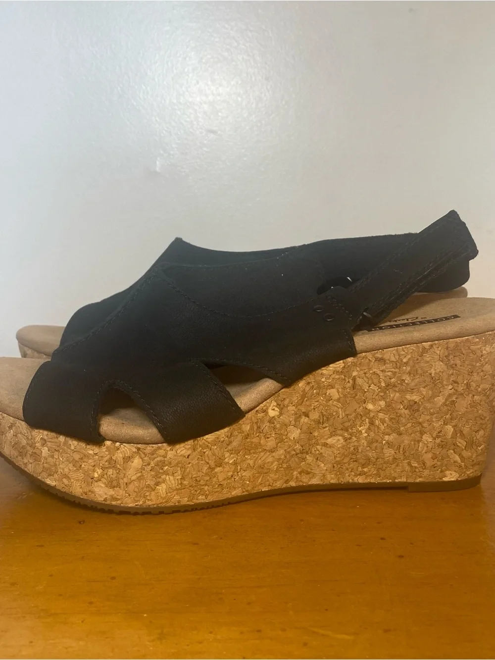 Clarks Women's 9 Annadel Bari Black Leather Slingback Open Toe Wedge Sandals